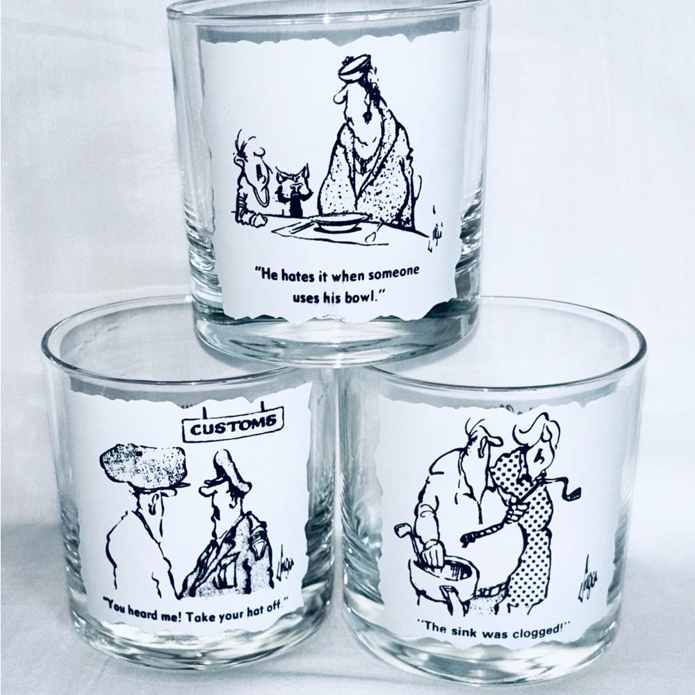 Vintage Vancouver Sun Herman Cartoon Lowball Whiskey Cocktail Glasses 1980